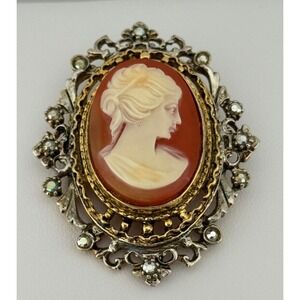 Vintage Art Signed Arthur Pepper Resin Cameo Rhinestone Brooch Pin